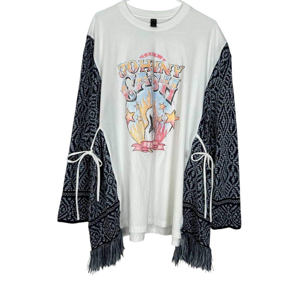 Upcycled Johnny Cash Graphic Long Sleeve Top with Fringe OSFM PTP 32"